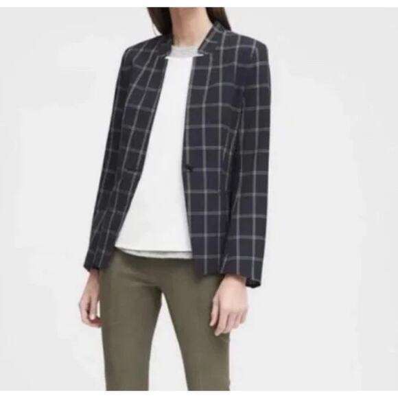 Banana Republic Blazer Womens 2 Navy Academia Preppy Business Plaid Windowpane - Picture 1 of 12